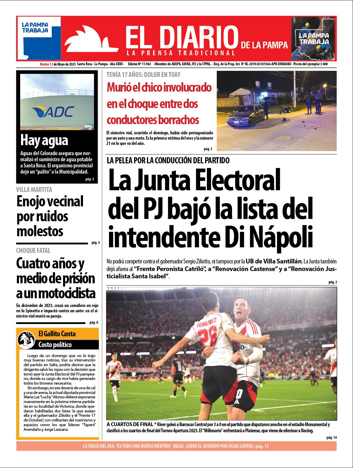 Tapa de El Diario en papel  martes 13 de mayo de 2025